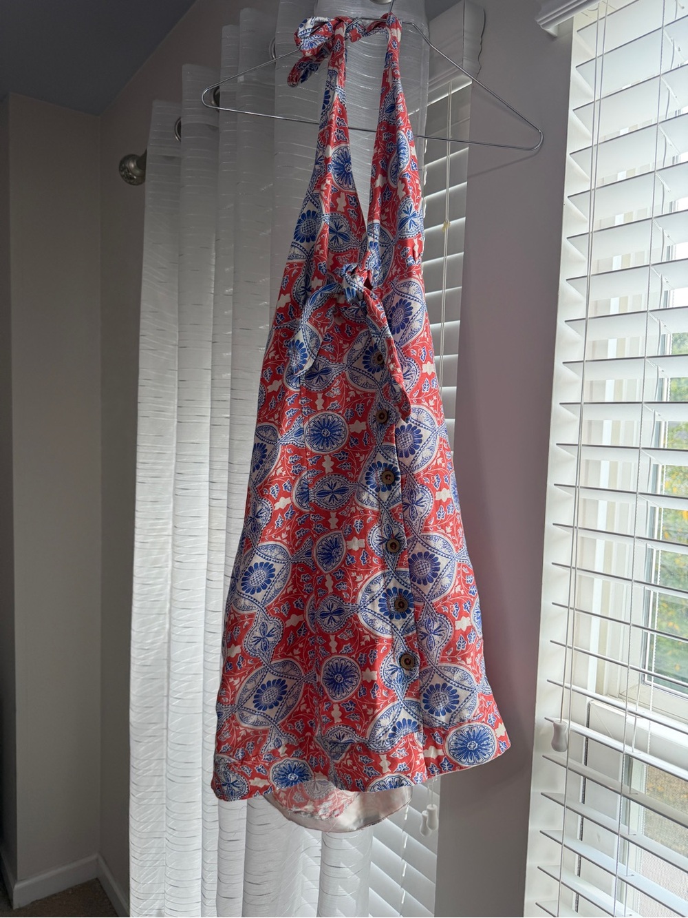 Maeve Red Halter Mini Dress with Blue Medallion Print